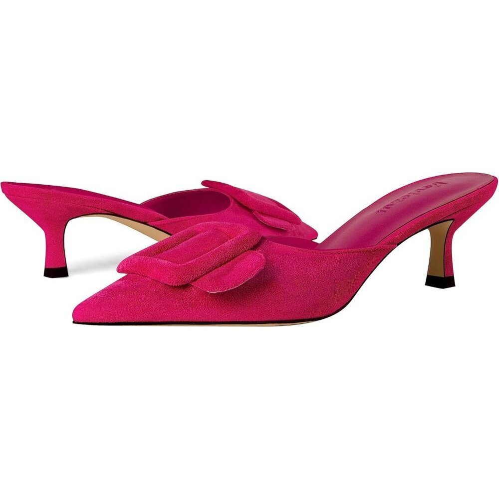 Women's Hot Pink Mule Slingback Buckle Pumps Pointed Toe Kitten Heels Shoe - Picture 4 of 5